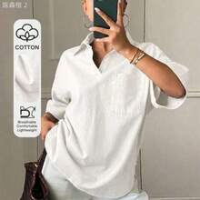 xuehuamaoyi02  Blusa de mezclilla suelta y casual de color natural para mujer, nueva llegada para otoño y verano - Blanco - Ver 1