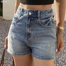 jianchaimaoyi02  Minifalda de verano para mujer con decoración de rhinestones, shorts vaqueros ajustados y sexy de estilo urbano con lentejuelas - Negro01 - Ver 2