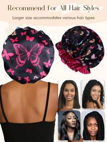 Double Layer Color Block Satin Sleep Cap Wig Cap - Black and Rose Red Large Butterfly Lace Hat - View 2