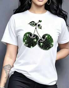 Women's Short-Sleeved T-Shirt With Round Neck, Cherry Print, Casual Spring-Summer Style - Unisex Loose-Fitting Cotton Short-Sleeved T-Shirt With Round Neck - 白色 - 查看 1