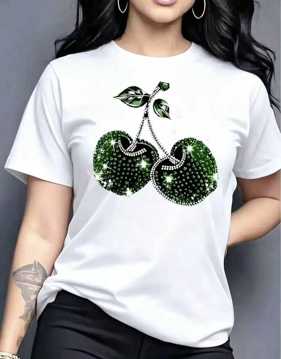 Women's Short-Sleeved T-Shirt With Round Neck, Cherry Print, Casual Spring-Summer Style - Unisex Loose-Fitting Cotton Short-Sleeved T-Shirt With Round Neck - 白色 - 查看 1