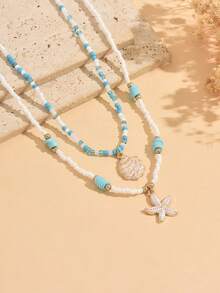 2pcs Bohemian Style Mixed Color Seed Bead Beaded Exquisite Shell & Starfish Pendant Necklace For Girls, Beach Vacation Double Layer Stacked Collarbone Chain, Random Color Placement Of Seed Beads - Multicolor - View 2