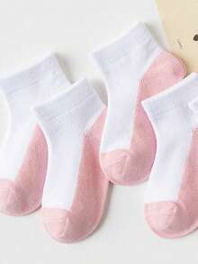 5 Pairs Children's Thin Short Socks For Spring And Summer, Breathable White And Pink Mesh Socks, Girls' Ankle Socks, Contrast Color Design, Suitable For School And Daily Casual Sports - Multicolor - View 3