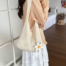 Casual Versatile Crochet Knit Large Capacity Shoulder Bag - Beige - View 4