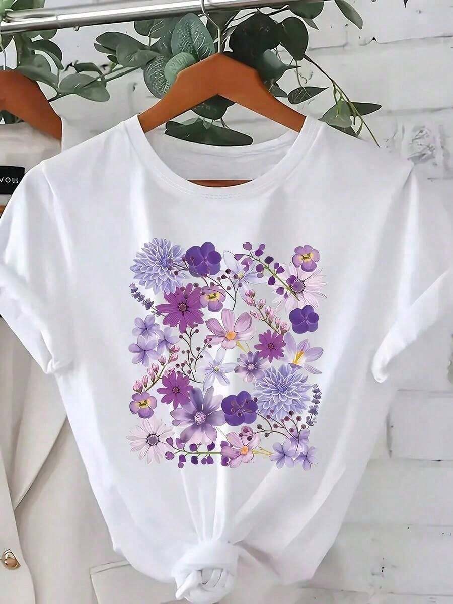 Camiseta de Talla Grande, Manga Corta, Estampado Floral - Con Motivos de Flores Moradas y Rosas, Ropa Elegante para Mujer de Talla Grande, Lavable a Máquina - Tops de Verano - Nueva Colecció - Blanco - Ver 1