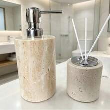 Luxury Marble Bathroom Accessories Set, Soap And Lotion Dispenser Bottles, Reed Diffuser With Tray, Elegant Vanity Storage Box, Home Decor - Beige - View 6