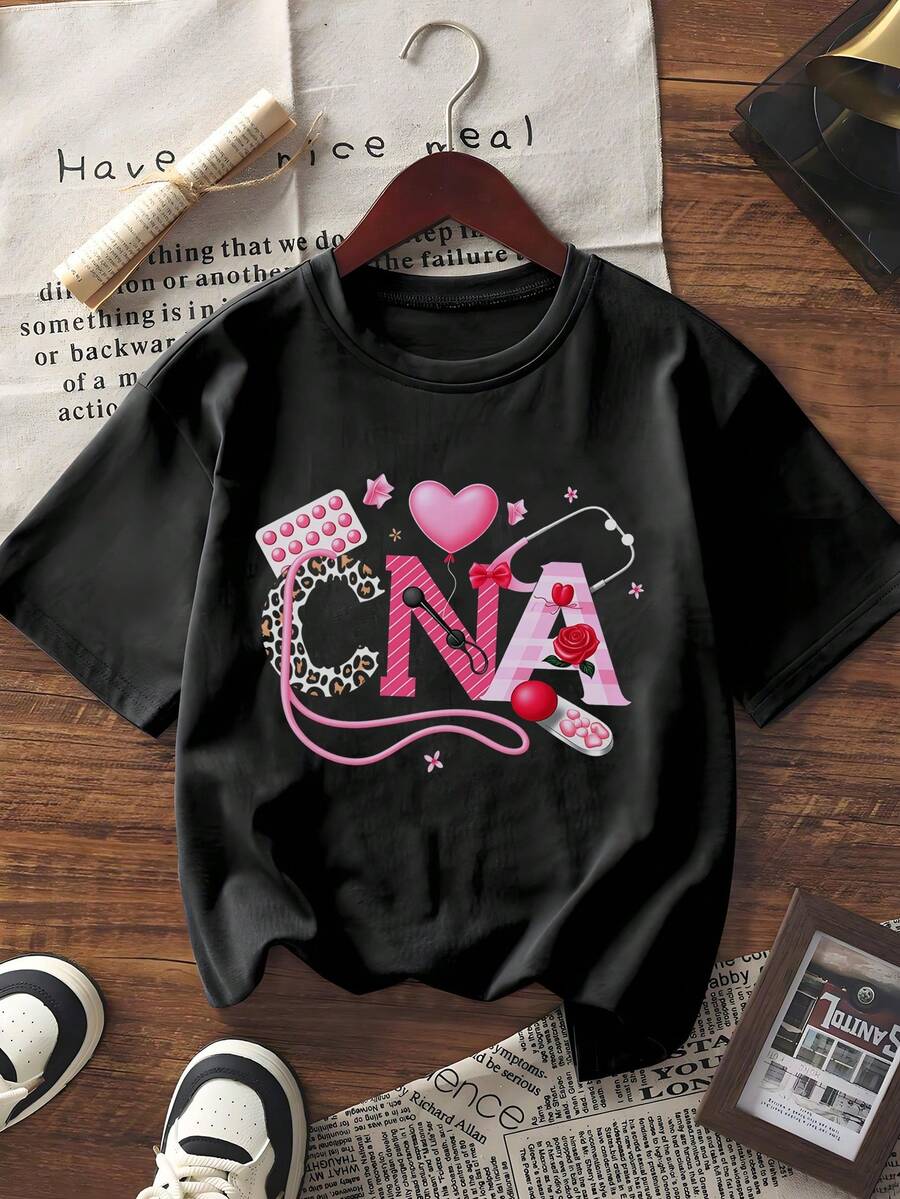 Unisex Casual Short Sleeve T-Shirt DNA Graphic Print Heart Stethoscope Cute Loose Fit Tee - Black - View 1