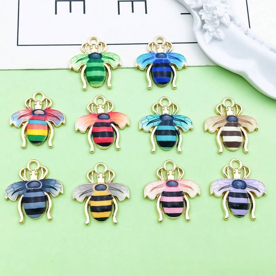 5/10pcs Colorful Bee Enamel Charms, Golden Plated Bee Insects Pendants For DIY Jewelry Making Bracelet Necklace Crafts Accessories - bee - View 1