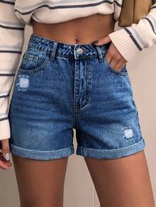 New Classic Versatile Minimalist Casual Non-Stretch Washed Solid Color Cuffed Hem Women's Pocket Straight Leg Denim Shorts - Dark Wash - View 4