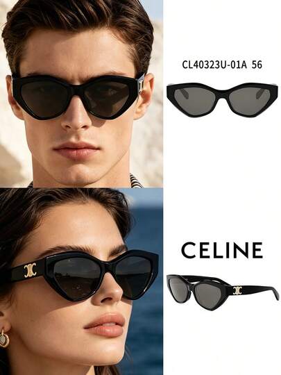 Celine Black And Gold Cat Eye Glasses With Classic Arc De Triomphe Logo, Lightweight Luxury Eye-Catching Design. Thin Frame Outlines Facial Contours, Textured Frame Is Lightweight And Comfortable, High-Definition Lenses . Unisex, Retro Cool, Suitable For Daily Outings, Beach Vacations, Versatile And Fashionable. Model: CL40323U-01A 56.