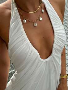 Women's White Pleated Halter Neck Deep V Long Dress, Elegant Wedding Guest Beach Vacation Formal Evening Wear Party Fall - White - View 12