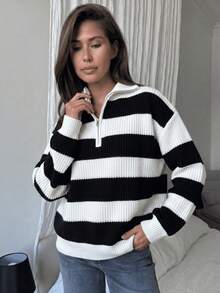 女款極簡主義螺紋對比條紋休閒韓風紋理通勤年輕女士寬鬆百搭立領拉鍊半開襟套頭長袖毛衣 春秋冬季 - 米色 - 查看 4