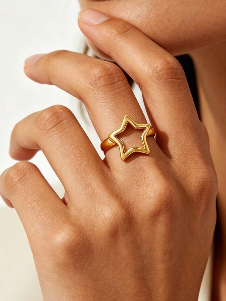1件女用鏤空星星戒指 金色不鏽鋼幾何星形開口戒 婚禮珠寶 生日禮物 日常配戴 - 彩色 - 查看 1