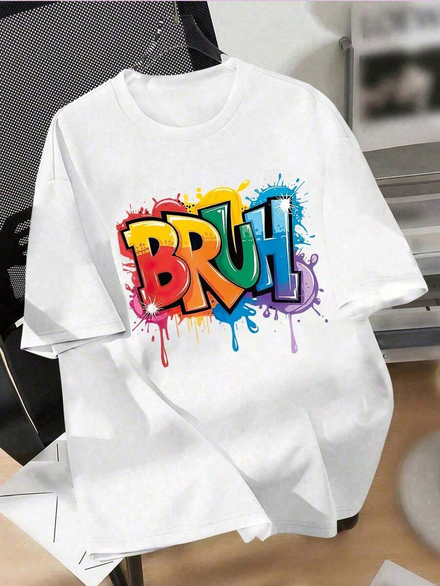 Crew Neck T-Shirt With Colorful Letter Print For Teens, Soft Casual Summer Top - 灰色 - 查看 1