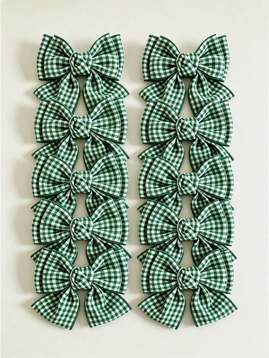 2pcs Girls' Minimalist Versatile Dual-Tone Plaid Bow Hair Clips, Suitable For Daily Wear And Back To School Season - Dark Green - View 1