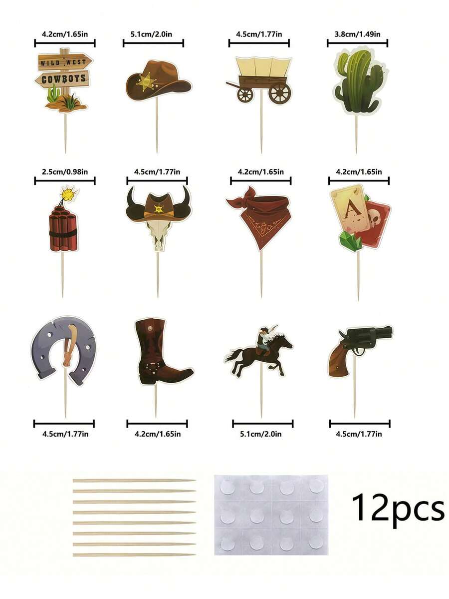 12 Pcs Retro Western Cowboy Cupcake Toppers, Wild West Style Cake Picks, Decorations For Birthday Holiday Party Dessert Table - View 1