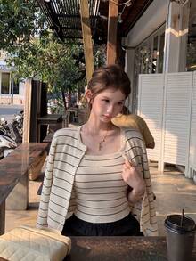 简约百搭性感黑杏条纹针织两件套 - 开衫+吊带背心，修身剪裁，适合日常穿着、约会、春秋季节。 - 杏色 - 查看 1