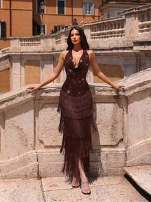 New Sexy Sleeveless V-Neck Spaghetti Strap Backless Rhinestone Tassel Elegant Long Dress For Women Wedding - Coffee Brown - View 1