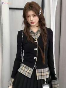 Checked Combination Top, Faux Double-Breasted, College Style, Bow Tie, Buttons, Slimming Effect, Women's. - Black - View 5