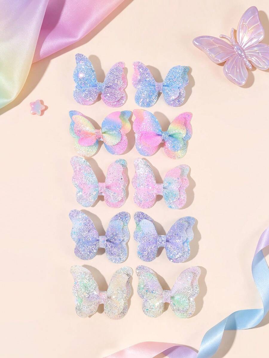 10pcs Butterfly Shaped Girls Hair Clips, Random Gradient Glitter Crocodile Clips, Sparkling Butterfly Hair Clips, Colorful Spring Summer Hair Clips, Fairy Style Bow Hair Clips, Exquisite Cute Hair Clips, Rainbow Gradient Butterfly Headwear, Hair Accessories - Multicolor - View 1
