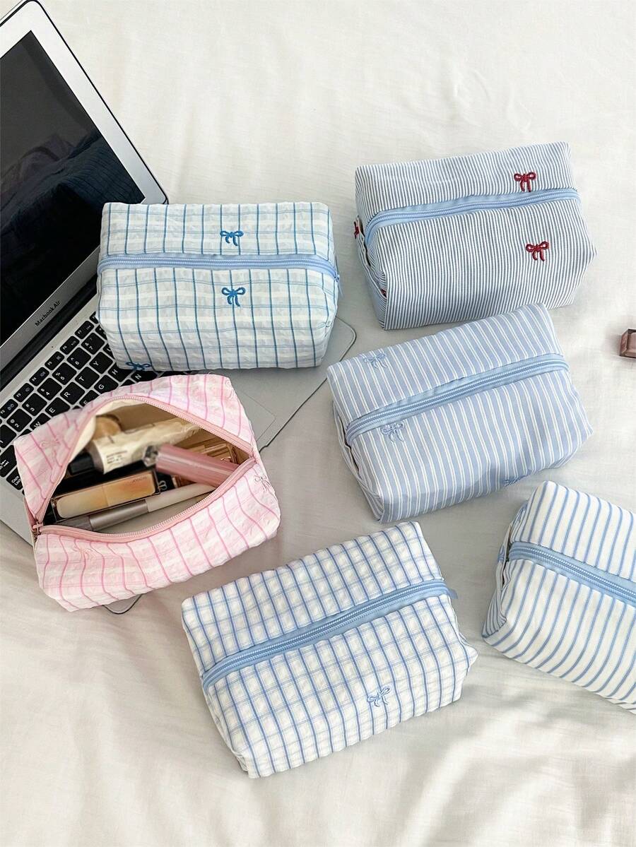 AGG 清新甜美條紋格紋刺繡蝴蝶結化妝包，女孩便攜式化妝包、繪圖包、筆袋、旅行工作小包、內層收納包、盥洗包、手提包、度假包