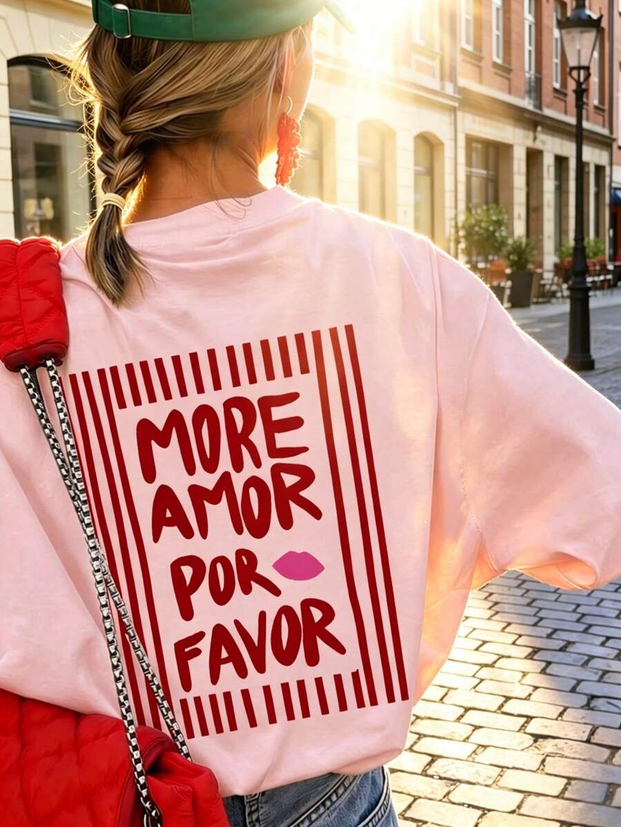 1件女款夏季寬鬆休閒圓領短袖T恤上衣，「MORE AMOR POR FAVOR」條紋印花圖案襯衫，度假、辦公、日常穿搭，粉紅色