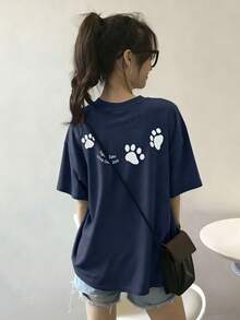 200g Pure Cotton T-Shirt, Summer 2025, Women's, New, Short Sleeve, Pure Cotton, Girl's Print, Short Sleeve, Round Neck, Couple's Wear, Round Neck, Women's Top - Navy Blue - View 1