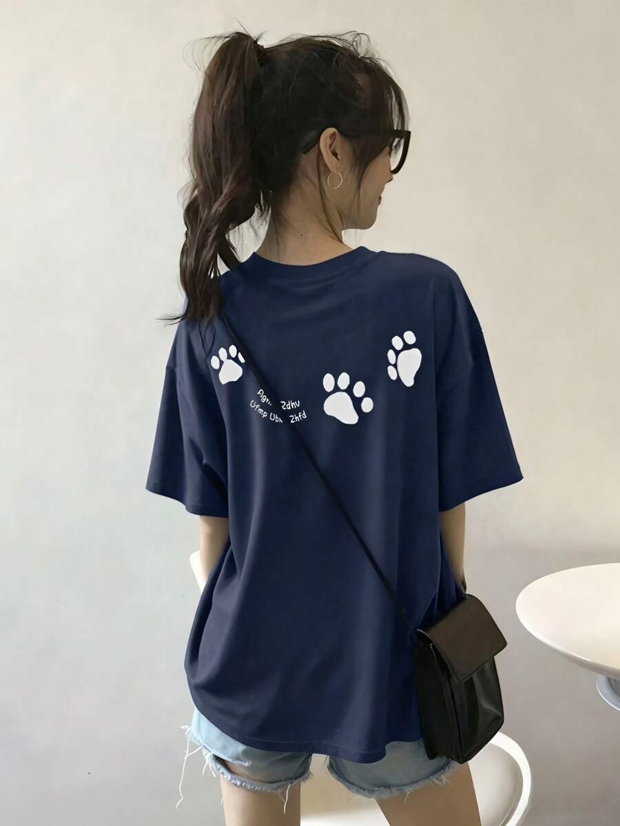 200g Pure Cotton T-Shirt, Summer 2025, Women's, New, Short Sleeve, Pure Cotton, Girl's Print, Short Sleeve, Round Neck, Couple's Wear, Round Neck, Women's Top - Navy Blue - View 1
