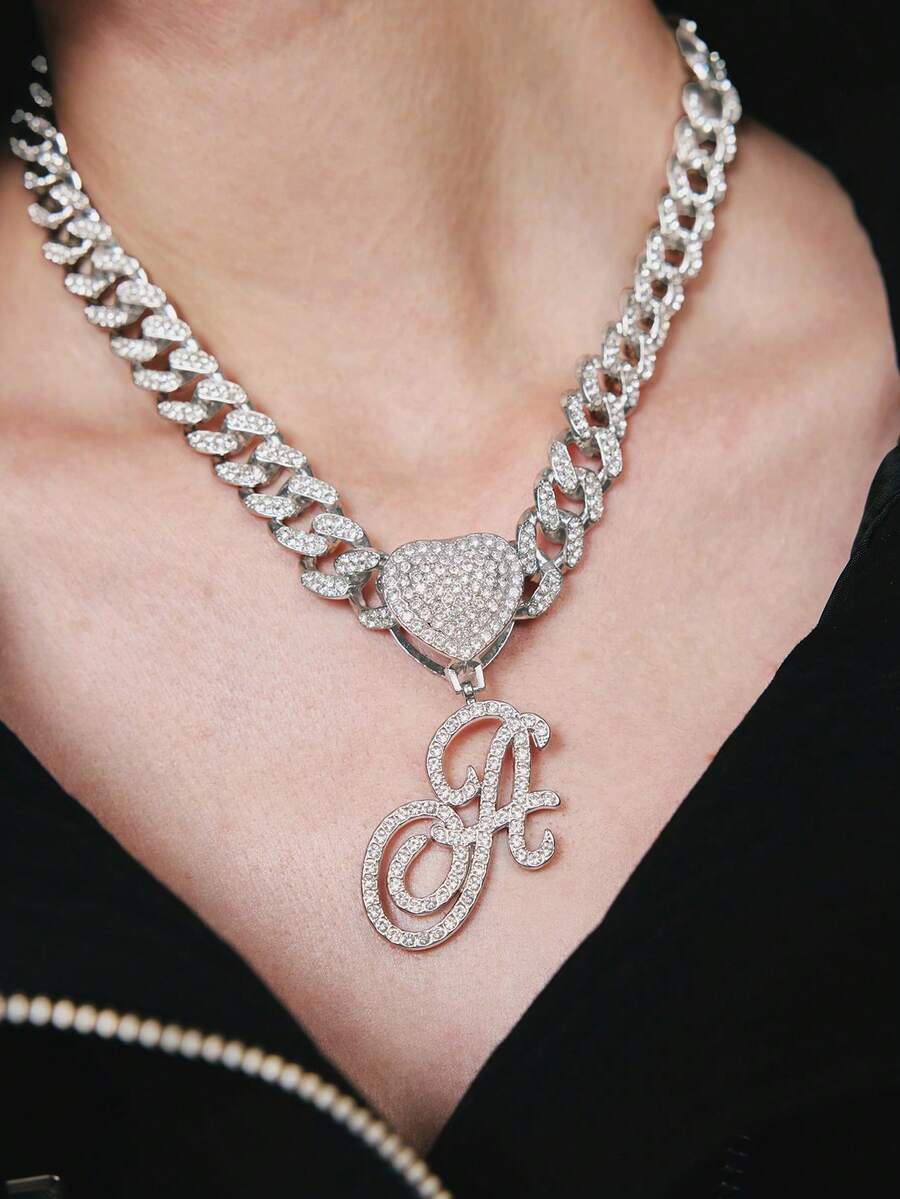 Rollcall Silver Women's Necklace - A-Z Letter Heart Pendant Necklace With 13mm Cubic Zirconia Cuban Chain, Personalized Cuban Chain Jewelry - Necklace a - View 1