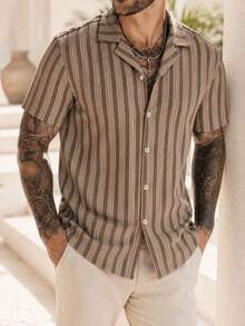 Men's Striped Button-Down Shirt, Short Sleeve, Collar, Textured Striped Print, Brown Khaki Top, Vintage Aesthetic, Understated Luxury, Beach Vacation, Soft Touch, Casual Summer Holiday Outing Shirt - White - View 1