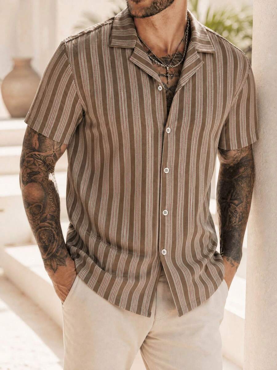 Men's Striped Button-Down Shirt, Short Sleeve, Collar, Textured Striped Print, Brown Khaki Top, Vintage Aesthetic, Understated Luxury, Beach Vacation, Soft Touch, Casual Summer Holiday Outing Shirt - White - View 1