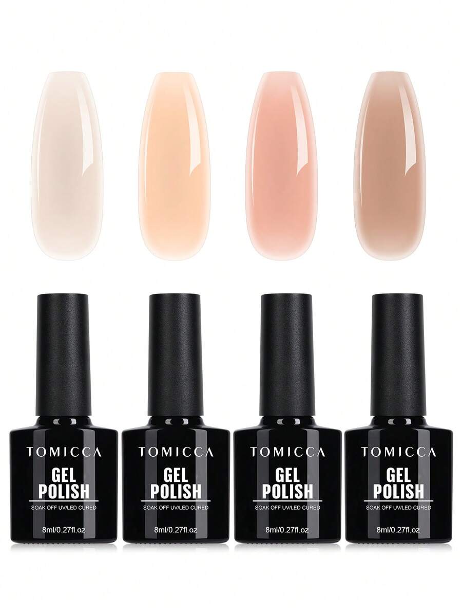 TOMICCA 4瓶 8ml 裸色凝膠指甲油，可浸泡脫除 UV/LED 凝膠指甲油套組，適合初學者在家 DIY、專業美甲沙龍或作為禮物