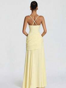 Elegant Women's Sleeveless Spaghetti Strap A-Line Maxi Dress, Sexy Backless Knit Fabric, Flared Hem Party Summer - Yellow - View 6