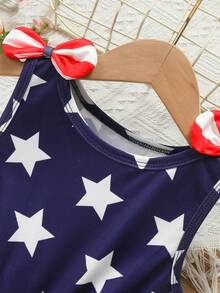 Young Girls' Independence Day Star Spangled Flag Print Bow Decor Dress, Suitable For Summer Outdoor Activities And Holiday Gifts - Blue - View 3