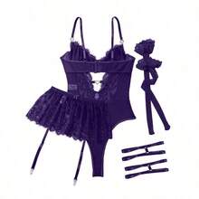 Lilosy Sexy Stocking Rhinestones Heart Garter Underwire Floral Mesh Lace Sheer Babydoll Lingerie Teddy Bodysuit Skirt Set - 深紫色 - 查看 5