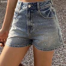 yonghongmaoyi1  Minifalda de verano para mujer con decoración de rhinestones, shorts vaqueros ajustados y sexy de estilo urbano con lentejuelas - Azul lavado medio - Ver 3
