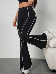 1pc Women's Sports Long Pants, Flared Leg, Peach Butt Lift, Leg Shaping, Waist-Cinched Design, Streamlined Contrast Color Lines, Suitable For Gym, Yoga, Running, Workout, Daily Casual, Fashionable Outfit, Autumn/Winter/All Seasons - Black - View 3