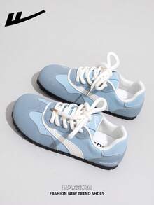 WARRIOR Damen Freizeitsneaker mit dicker Sohle, Schnürung und weichem Fußbett, Low-Top flache Outdoor-Schuhe, Sommer-Pendler-Schuhe, runde Zehenpartie, niedriger Absatz, rutschfest, einfarbig, elegant, weiche Sohle, für Ausflüge und Wandern, geeignet für Studentinnen und Abschlussfotos, Damen Low-Top Mikrofaser Sport-Skateboard-Schuhe - hellblau/blau - Übersicht 6
