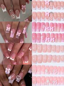 96pcs/ (4 Estilos) Juego, Uñas Postizas Rectangulares 3D de Gel con Estilo Francés, Decoradas con Perlas, Lazos y Flores, Fáciles de Aplicar y Quitar - Multicolor - Ver 1