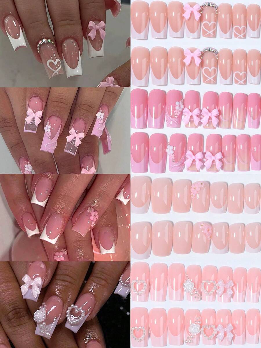 96pcs/ (4 Estilos) Juego, Uñas Postizas Rectangulares 3D de Gel con Estilo Francés, Decoradas con Perlas, Lazos y Flores, Fáciles de Aplicar y Quitar - Multicolor - Ver 1