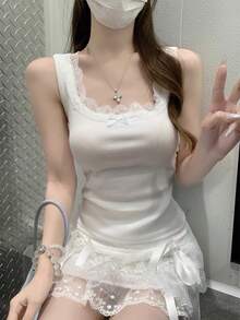 Women's Lace Patchwork Bow Decor Square Neck Fitted Tank Top, Spring/Summer Style White - White - View 1