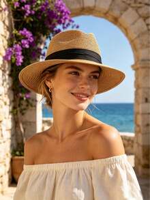 1pc Foldable Straw Fedora Hat, UV Protection Wide Brim Sun Hat, Suitable For Beach, Travel And Daily Wear - Multicolor - View 1