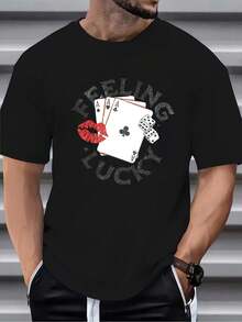 [New Products]Fashionable Summer Men's Breathable Comfortable Round Neck Short Sleeve Solid Color Versatile Feeling Lucky Printed Casual Daily T Shirt - Black - View 3