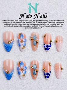 NAIO 10入/組 手工穿戴式假指甲，3種尺寸：棺材型/杏仁型/短方型，Y2K辣妹風，裸色/藍色/白色貓眼法式邊緣，3D花朵與金珠裝飾，奶油質感，適合女性與女孩，派對與日常穿戴，含工具組，禮物與美甲用品 - 彩色 - 查看 14