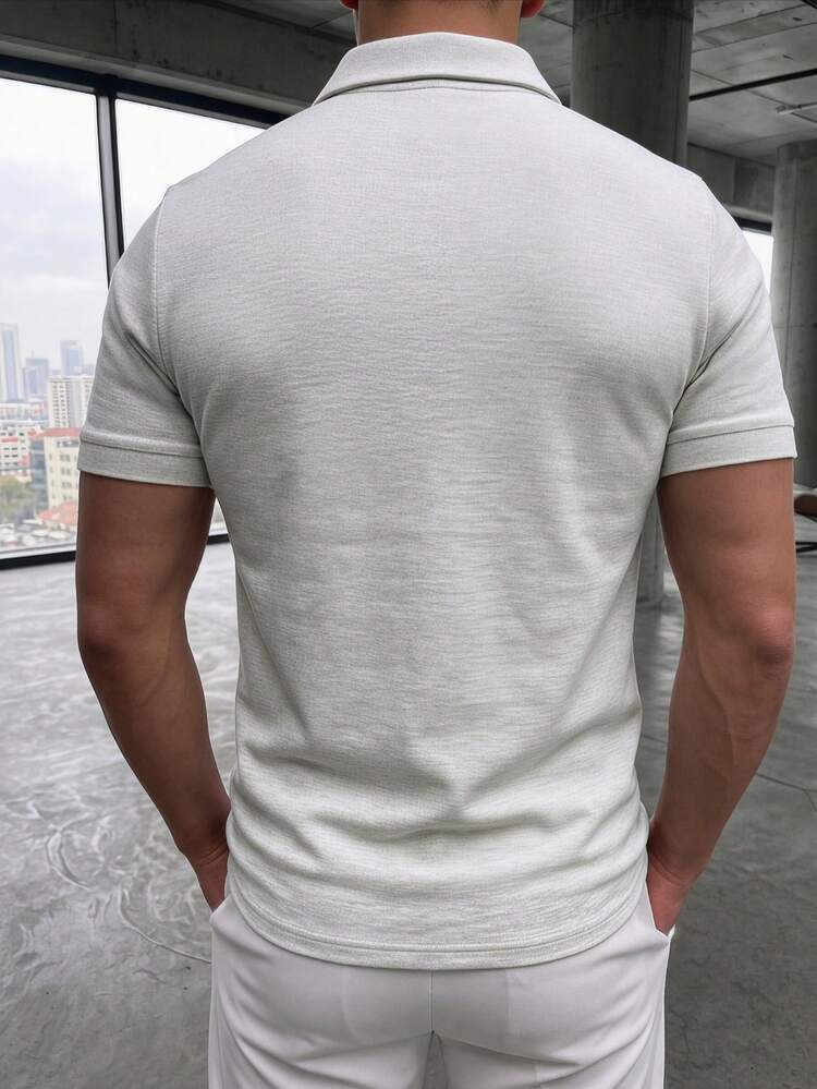GRDR Men's Summer Polo Collar Half Zip Short Sleeve T-Shirt, Suitable For Outdoor, Vacation And Casual Wear - Light Grey - View 2