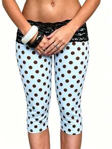 Womens Lace Trim Plain 3/4 Leggings Gym Stretch Capri Cropped Jogging Pants - 天藍 - 查看 7