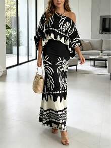 Women's 2pcs Tropical Print Lantern Sleeve Cold Shoulder Top + Elastic High Waist Mermaid Maxi Skirt Set, Vacation Resort Style Black Elegant - Black - View 3
