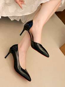 Black Red Bottom Design Mid-Heel Pointed Toe Low Vamp Fashionable Solid Color Niche Versatile Sexy Women's Shoes - Black - View 2