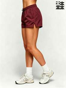 mulinsen Women's Casual Drawstring Waist Sports Shorts With Side Slit Pockets - Burgundy - View 3