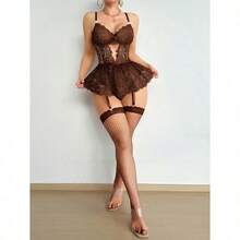 Lilosy Sexy Stocking Rhinestones Heart Garter Underwire Floral Mesh Lace Sheer Babydoll Lingerie Teddy Bodysuit Skirt Set - 棕豹 - 查看 4